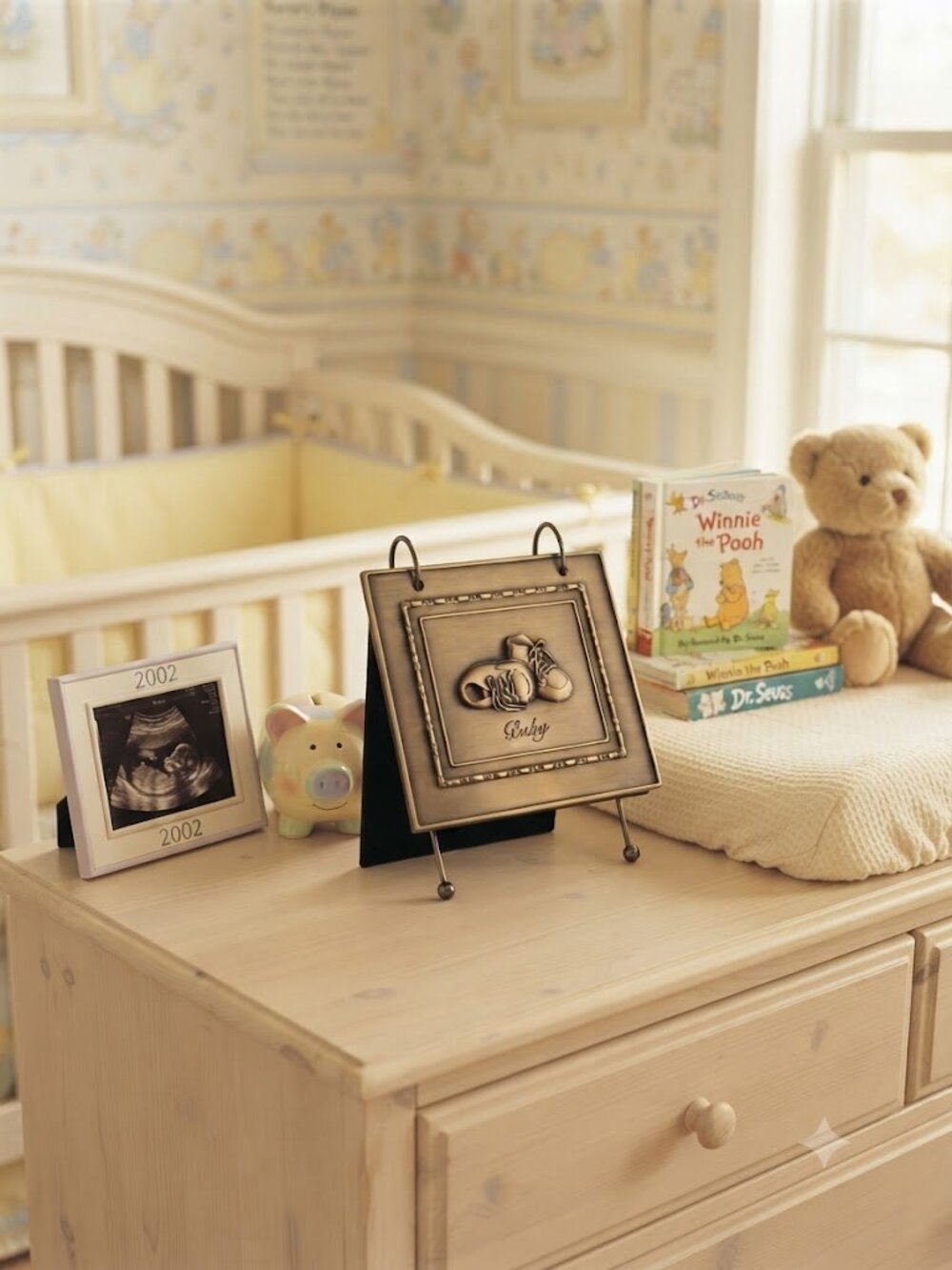 Vintage Y2K 2002 Burnes of Boston Bronze Baby Photo Album Desktop Display Stand